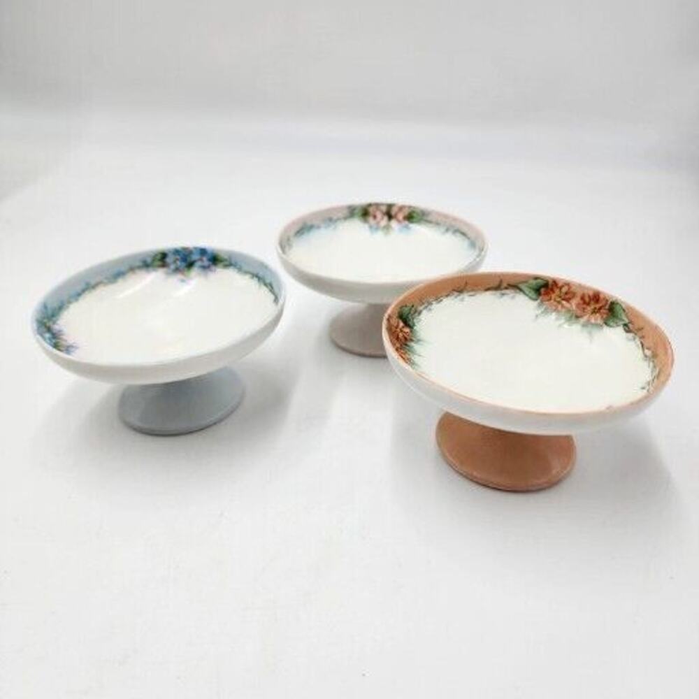 Vintage Set Of 3 Porcelain Tazzas Dessert Compote Fruit Stand Floral Botanical